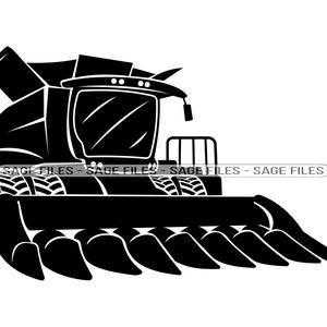 May include: Black and white silhouette of a combine harvester, a large agricultural machine used for harvesting crops. The combine has a large, open cab and a long, narrow header with multiple cutting blades.
