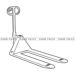 May include: A black and white line drawing of a pallet jack with a handle. The pallet jack has two forks and a lift mechanism.