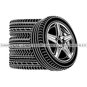May include: A stack of four black tires with a black rim and five spokes. The tire tread is visible.