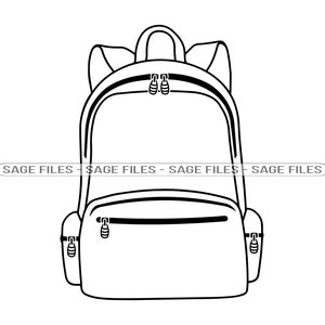 May include: A black and white line drawing of a backpack with two zippered pockets and a zippered main compartment.