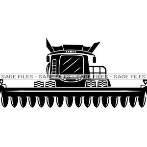 May include: Black and white silhouette of a combine harvester with a header, a common piece of agricultural equipment used for harvesting crops.