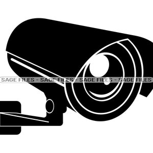 May include: Black and white silhouette of a security camera with a lens and a mounting bracket.