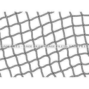May include: Black and white illustration of a net with a repeating pattern of curved lines and dots.