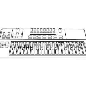 Può includere: Un disegno in bianco e nero di una tastiera con un pannello di controllo e manopole.