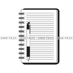 Op de afbeelding: Een zwart-witte illustratie van een spiraalgebonden notitieboek met een pen die eruit steekt.