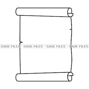 May include: A black and white line drawing of a rolled up scroll with a blank space in the middle.