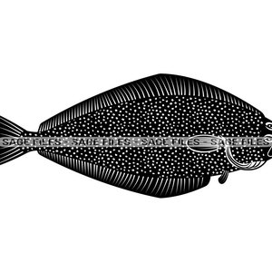 May include: Black and white silhouette of a flatfish with a speckled body and a slightly upturned mouth.
