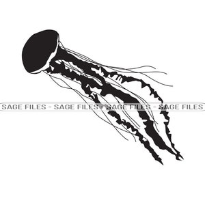 Puede incluir: Silueta en blanco y negro de una medusa con largos tentáculos.