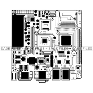 Pode incluir: Uma ilustração em preto e branco de uma placa-mãe de computador com vários componentes, incluindo um soquete de CPU, slots de RAM e slots de expansão.