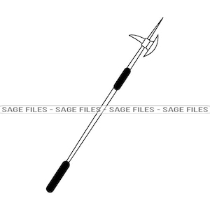 May include: A black and white illustration of a medieval halberd, a type of polearm with a long shaft and a bladed head.