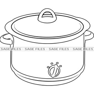 May include: A black and white line drawing of a slow cooker with a lid and a knob on the front.