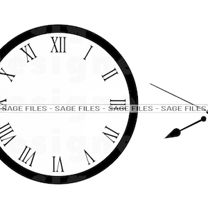 Puede incluir: Cara de reloj en blanco y negro con números romanos. Las manecillas del reloj están separadas de la cara del reloj y apuntan a diferentes horas.