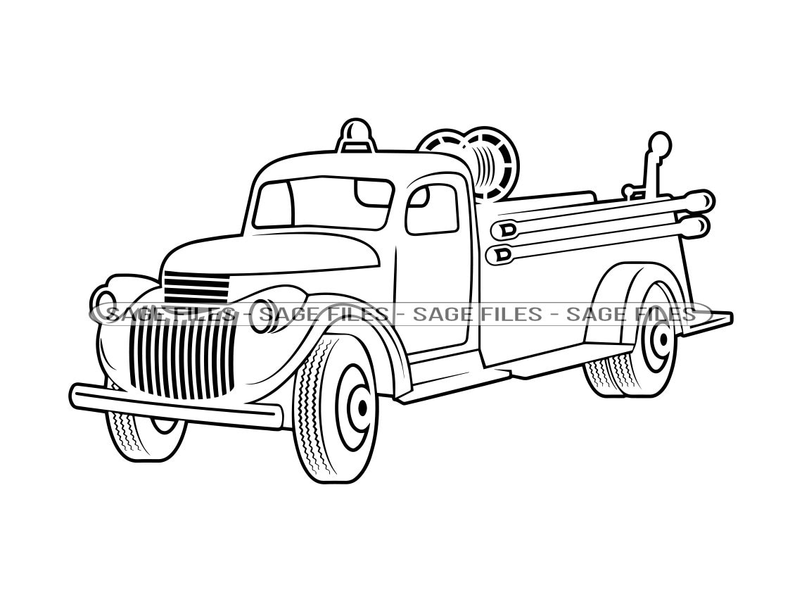 Retro Firetruck Outline SVG, Fire Truck Svg, Firetruck Clipart
