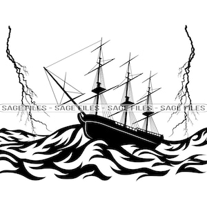 May include: A black silhouette of a ship caught in a storm with lightning strikes and large waves.