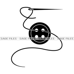 Puede incluir: Ilustración en blanco y negro de un botón con cuatro agujeros y una aguja e hilo que lo atraviesan.