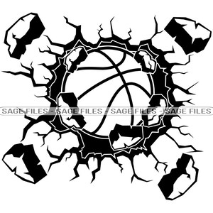 May include: Black and white graphic of a basketball breaking through a cracked wall. The basketball is in the center of the image and is surrounded by jagged edges.