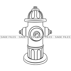 May include: A black and white line drawing of a fire hydrant. The hydrant has a round top with a small knob on top. The hydrant has a large round opening on the front with a smaller round opening inside. The hydrant has a base with a round opening on the bottom.