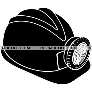 May include: Black and white silhouette of a hard hat with a headlamp attached to the side.