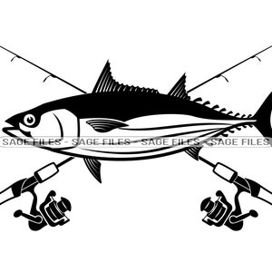 May include: Black and white silhouette of a fish with two crossed fishing rods and reels. The fish is a tuna or bonito.