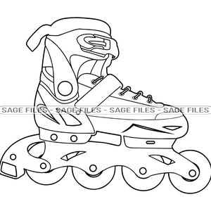 May include: A black and white line drawing of a roller skate with a black strap and buckle. The skate has four wheels and is designed for inline skating.