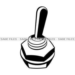 以下が含まれることがあります： 丸いノブと六角形のベースを持つトグルスイッチの白黒イラスト