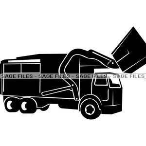 May include: Black and white silhouette of a garbage truck with a raised dumpster. The truck has a large, round container in the back and a smaller, rectangular cab in the front. The dumpster is raised high in the air, ready to be emptied.