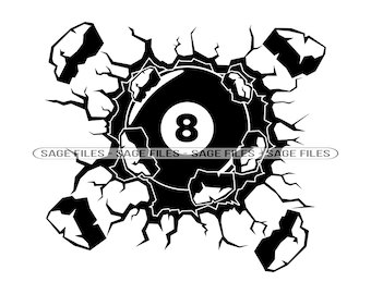 May include: Black and white illustration of a pool ball breaking through a cracked wall. The ball is number 8.