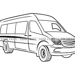May include: A black and white line drawing of a passenger van. The van has a large windshield, a black stripe along the side, and a grill with horizontal slats.