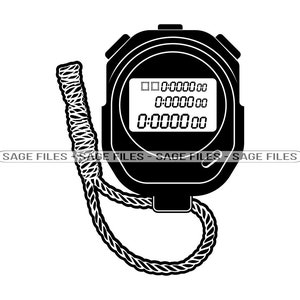 May include: A black and white image of a stopwatch with a string loop. The stopwatch has a digital display showing 0:000000.