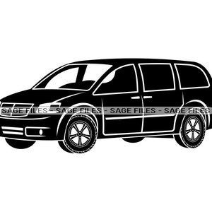 May include: Black and white silhouette of a minivan. The vehicle has a side sliding door and a large rear window.
