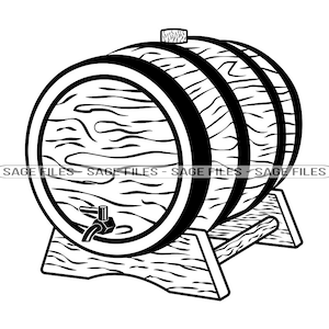 Op de afbeelding: Een zwart-witte illustratie van een houten vat met een kraan. Het vat staat op een houten standaard met een getextureerd oppervlak.