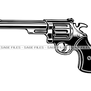 May include: A black and white illustration of a revolver pistol.