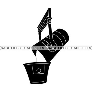 May include: Black and white silhouette of a metal ladle pouring liquid into a bucket. The ladle is suspended from a metal frame. The bucket is sitting on a flat surface.