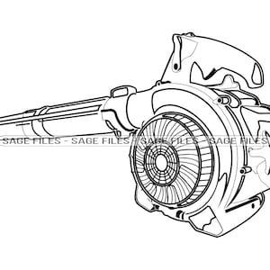 Peut inclure: Un dessin au trait noir et blanc d'un souffleur de feuilles. Le souffleur a un long tube et un grand ventilateur à l'extrémité. Le ventilateur est circulaire avec une grille.
