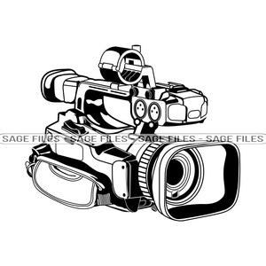 May include: Black and white line drawing of a professional video camera with a lens, viewfinder, and controls.