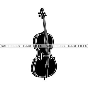 May include: A black silhouette of a cello with a detailed outline of the body and strings.