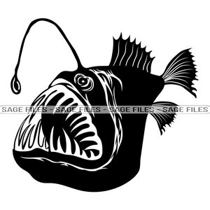 May include: Black and white silhouette of an anglerfish with a large mouth and a long, thin lure extending from its head.