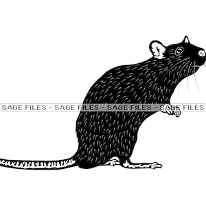 May include: Black and white silhouette of a rat standing on its hind legs with its tail curled behind it.