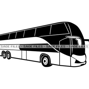 May include: A black and white illustration of a large, double-decker bus. The bus has a large windshield and a door on the right side. The text "SAGE FILES" is printed on the side of the bus.