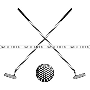 Puede incluir: Ilustración en blanco y negro de dos palos de golf cruzados con una bola de golf en el centro.