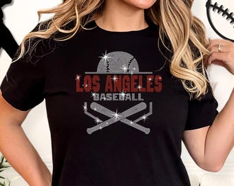 ロサンゼルス・ベースボール・ラインストーンシャツ：レトロなベースボールママTシャツ