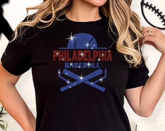 Camiseta de béisbol de Filadelfia con pedrería: Camiseta de moda para mamás aficionadas al béisbol