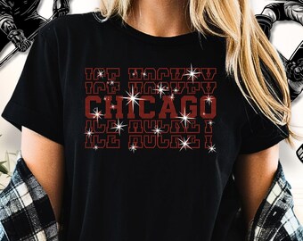 Chicago Ice Hockey Rhinestone Shirt: Hockey Game Day Tee for Men or Women