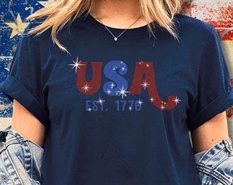USA Est 1776 Strass T-Shirt: Vaterländisches 4.Juli Tee