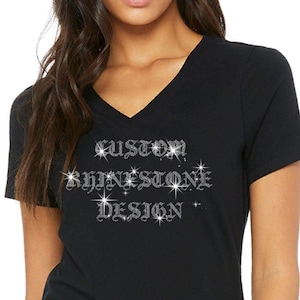 Custom Rhinestone V-neck Designs, Bling Bling V-neck T-shirts, Gift for him, Gift for her, Gift for mom Personalized Rhinestone Tee-shirts