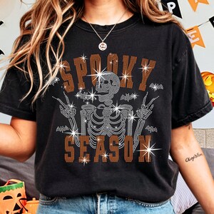 Spooky Season Skeleton Rhinestone Shirt: Halloween Sparkle Tee for Women