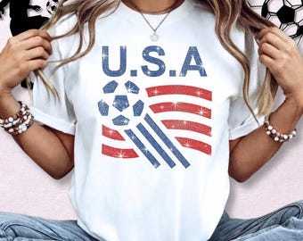 Camiseta de fútbol de EE. UU. con pedrería: Camiseta brillante con la bandera patriótica