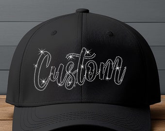 Black Baseball Cap with Rhinestone Lettering Custom Rhinestone Name and or Number Ponytail Hat  main image 2