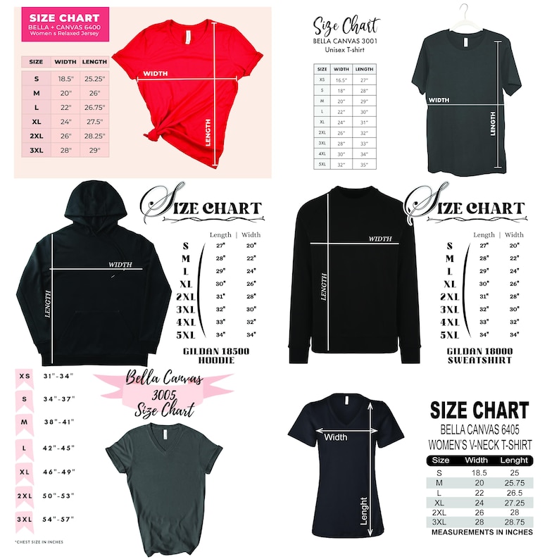 May include: Size charts for multiple apparel styles including unisex t-shirts, women’s t-shirts, v-neck, sweatshirt, and hoodie. Shows width and length measurements (inches) for sizes XS–5XL, with visual guides on how to measure each garment. Includes examples of different fits to help choose the right size.