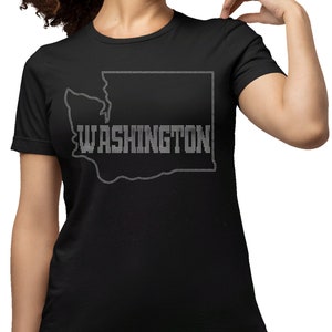 T-shirt avec strass carte de l'État de Washington, chemise de voyage rétro, t-shirt réunion de famille, chemise souvenir de ville natale, vêtements de voyage aux États-Unis